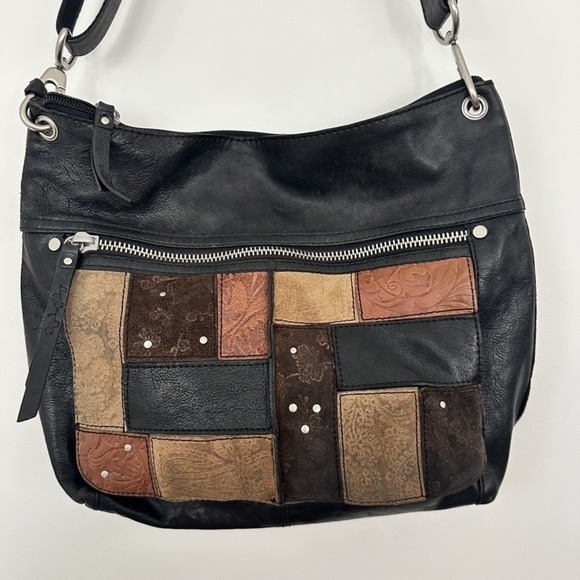 Fossil Shoulder Bag Black Patchwork Leather Boho Y2K 2000 Adjustable Strap Purse - Picture 4 of 12
